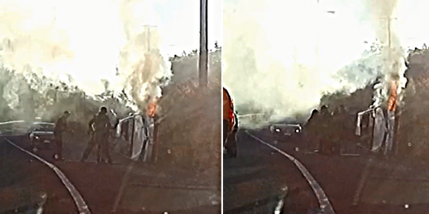 [有片] 老翁困翻側起火汽車 昆省兩警員冒險救出